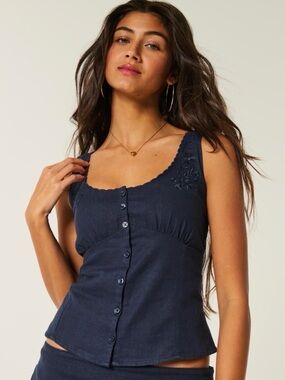 HOLLISTER Navy Button-Front Embroidered Tank Top